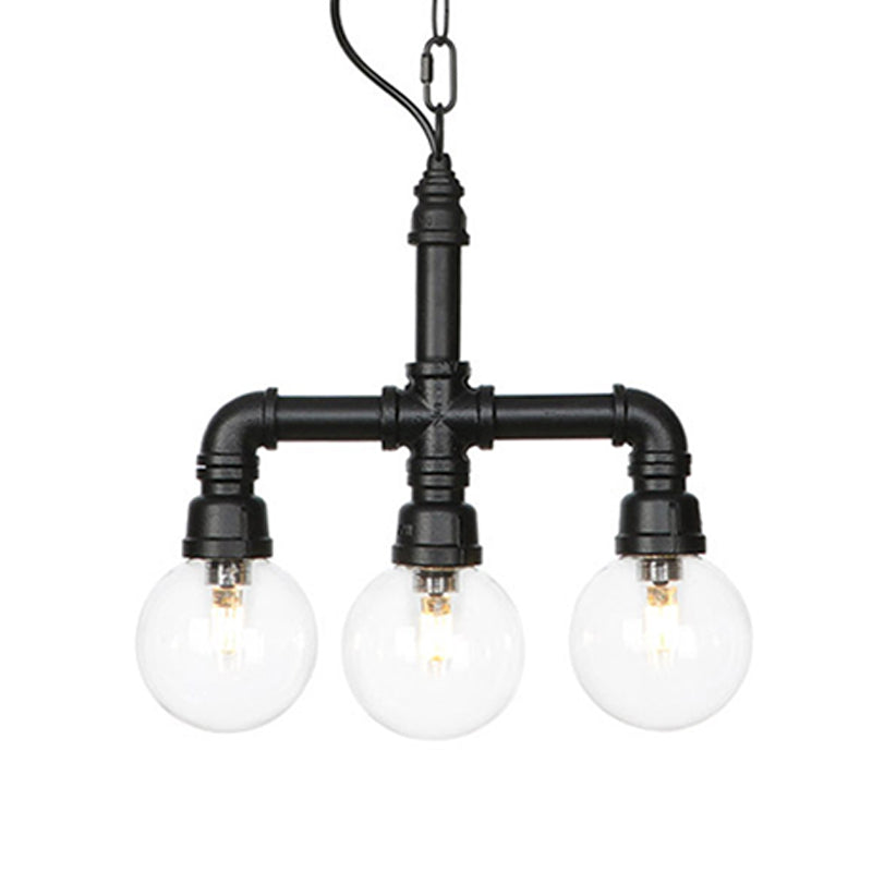 Metallic Black Hanging Lighting Piping 3/4 Heads Vintage LED Chandelier Pendant Lamp with Ball Clear Glass Shade for Bar Clearhalo 'Cast Iron' 'Ceiling Lights' 'Chandeliers' 'Industrial Chandeliers' 'Industrial' 'Metal' 'Middle Century Chandeliers' 'Rustic Chandeliers' 'Tiffany' Lighting' 511133