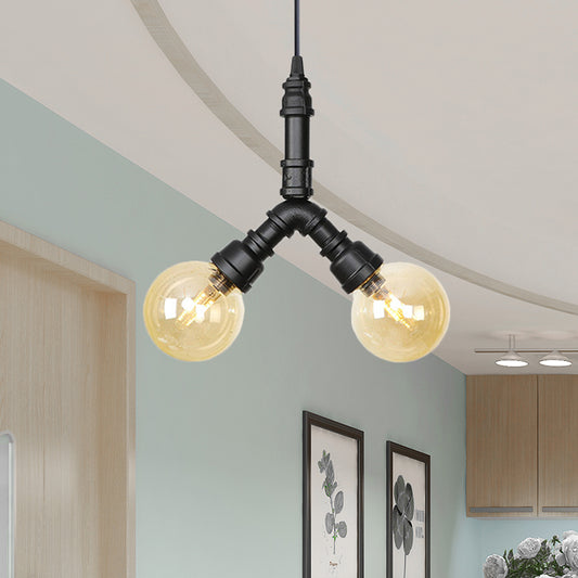 2/3/4-Bulb Chandelier Antiqued Coffee House LED Ceiling Pendant Light with Sphere Amber Glass Shade in Black Clearhalo 'Ceiling Lights' 'Chandeliers' 'Glass shade' 'Glass' 'Industrial Chandeliers' 'Industrial' 'Middle Century Chandeliers' 'Tiffany' Lighting' 511142