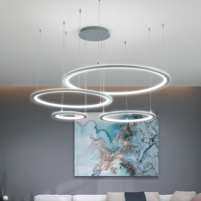 White/Grey Circular Chandelier Lighting Modernist 3/4 Lights Acrylic Led Ceiling Pendant Lamp Fixture in White/Warm Light 4 Grey Clearhalo 'Ceiling Lights' 'Chandeliers' 'Modern Chandeliers' 'Modern' Lighting' 511991