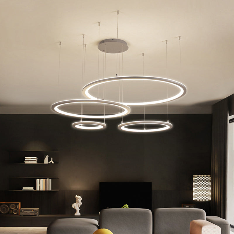 White/Grey Circular Chandelier Lighting Modernist 3/4 Lights Acrylic Led Ceiling Pendant Lamp Fixture in White/Warm Light Clearhalo 'Ceiling Lights' 'Chandeliers' 'Modern Chandeliers' 'Modern' Lighting' 511992