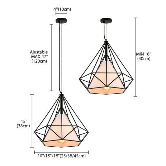 10/15/18" W 1 Bulb Diamond Cage Hanging Light Antique Style White/White and Brown Metal Ceiling Fixture with Fabric Shade Clearhalo 'Art Deco Pendants' 'Cast Iron' 'Ceiling Lights' 'Ceramic' 'Crystal' 'Industrial Pendants' 'Industrial' 'Metal' 'Middle Century Pendants' 'Pendant Lights' 'Pendants' 'Tiffany' Lighting' 5119