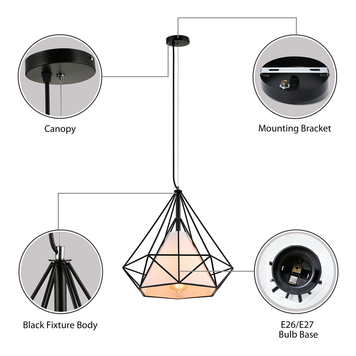 10/15/18" W 1 Bulb Diamond Cage Hanging Light Antique Style White/White and Brown Metal Ceiling Fixture with Fabric Shade Clearhalo 'Art Deco Pendants' 'Cast Iron' 'Ceiling Lights' 'Ceramic' 'Crystal' 'Industrial Pendants' 'Industrial' 'Metal' 'Middle Century Pendants' 'Pendant Lights' 'Pendants' 'Tiffany' Lighting' 5120