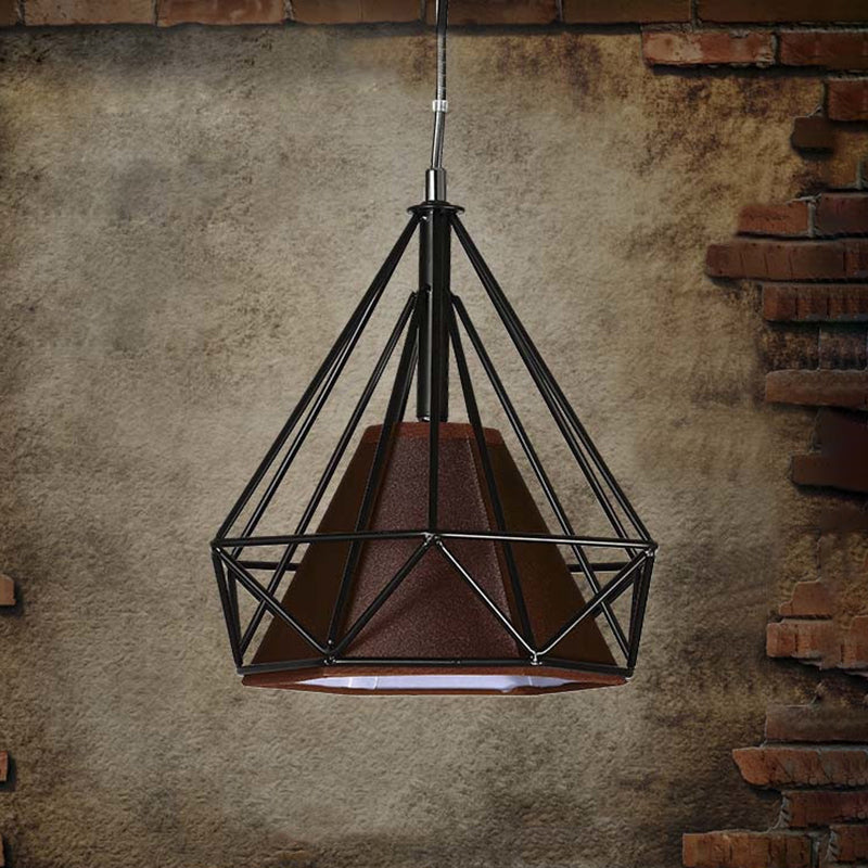 10/15/18" W 1 Bulb Diamond Cage Hanging Light Antique Style White/White and Brown Metal Ceiling Fixture with Fabric Shade Black-Brown Clearhalo 'Art Deco Pendants' 'Cast Iron' 'Ceiling Lights' 'Ceramic' 'Crystal' 'Industrial Pendants' 'Industrial' 'Metal' 'Middle Century Pendants' 'Pendant Lights' 'Pendants' 'Tiffany' Lighting' 5121