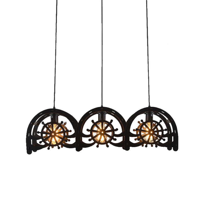 Metal Black Pendant Lamp Wheel Shade 2/3-Light Vintage Chandelier Light Fixture for Living Room Clearhalo 'Cast Iron' 'Ceiling Lights' 'Chandeliers' 'Industrial Chandeliers' 'Industrial' 'Metal' 'Middle Century Chandeliers' 'Rustic Chandeliers' 'Tiffany' Lighting' 512131