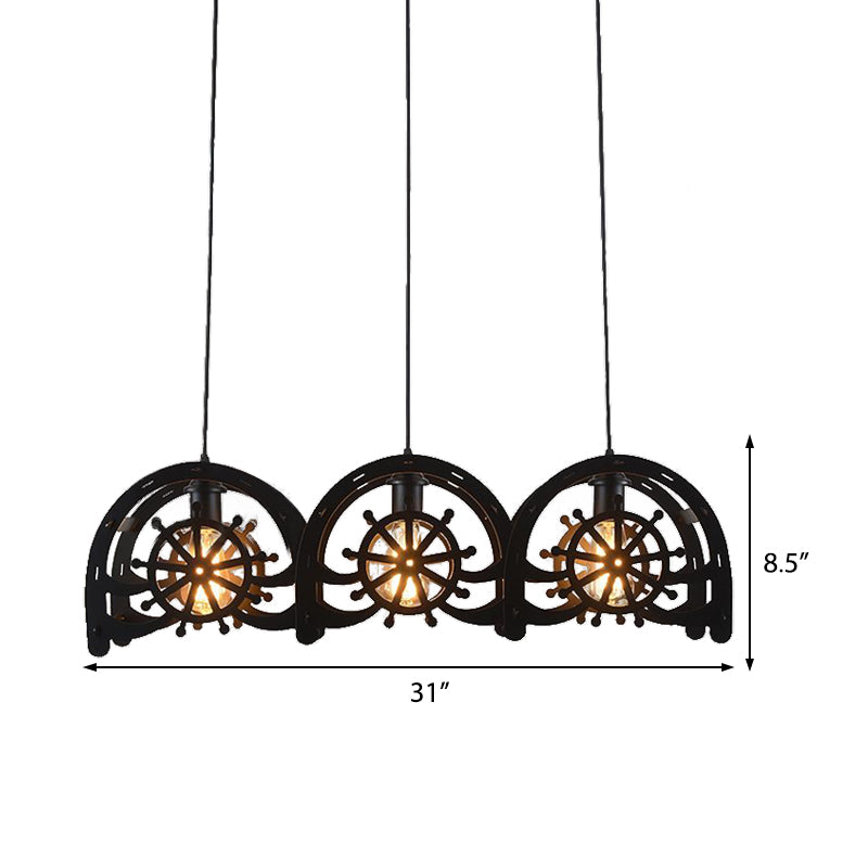 Metal Black Pendant Lamp Wheel Shade 2/3-Light Vintage Chandelier Light Fixture for Living Room Clearhalo 'Cast Iron' 'Ceiling Lights' 'Chandeliers' 'Industrial Chandeliers' 'Industrial' 'Metal' 'Middle Century Chandeliers' 'Rustic Chandeliers' 'Tiffany' Lighting' 512132