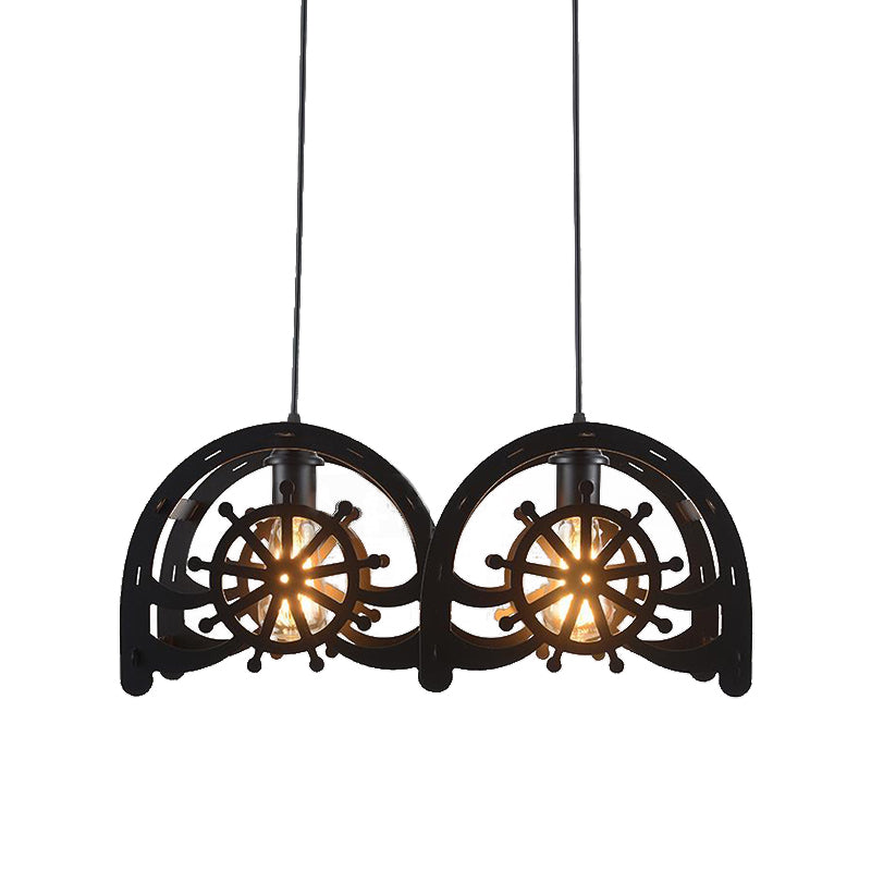 Metal Black Pendant Lamp Wheel Shade 2/3-Light Vintage Chandelier Light Fixture for Living Room Clearhalo 'Cast Iron' 'Ceiling Lights' 'Chandeliers' 'Industrial Chandeliers' 'Industrial' 'Metal' 'Middle Century Chandeliers' 'Rustic Chandeliers' 'Tiffany' Lighting' 512135