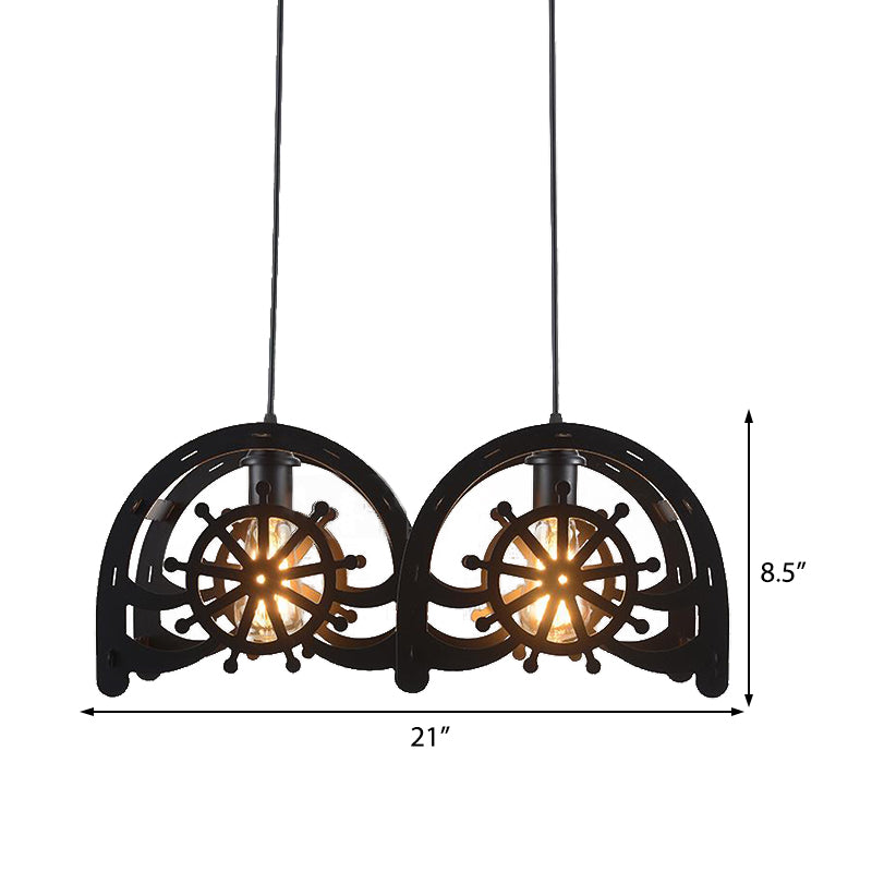 Metal Black Pendant Lamp Wheel Shade 2/3-Light Vintage Chandelier Light Fixture for Living Room Clearhalo 'Cast Iron' 'Ceiling Lights' 'Chandeliers' 'Industrial Chandeliers' 'Industrial' 'Metal' 'Middle Century Chandeliers' 'Rustic Chandeliers' 'Tiffany' Lighting' 512136