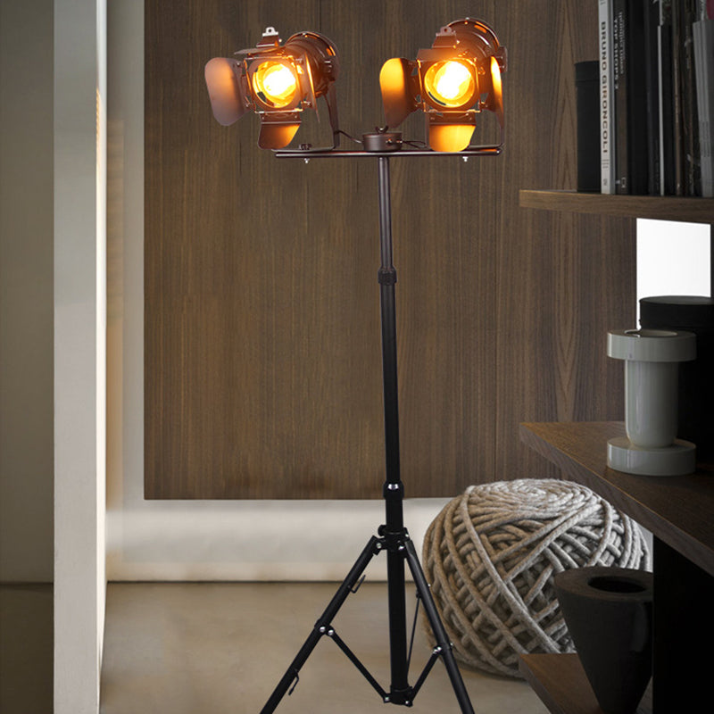 Black/Black and Red 2 Lights Floor Light Industrial Metal Tripod Shade Standing Lamp for Living Room Clearhalo 'Floor Lamps' 'Lamps' Lighting' 512138