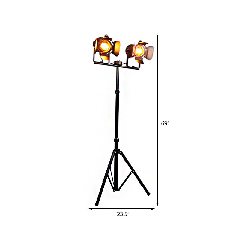 Black/Black and Red 2 Lights Floor Light Industrial Metal Tripod Shade Standing Lamp for Living Room Clearhalo 'Floor Lamps' 'Lamps' Lighting' 512140