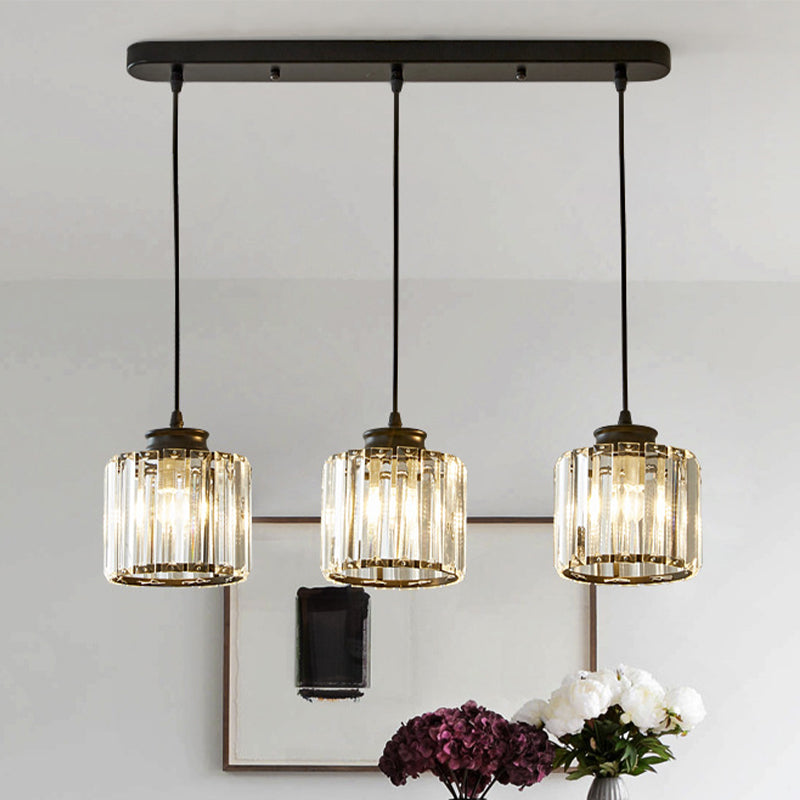 Drum Crystal Multi Light Pendant Modernist 3 Lights Black Ceiling Hang Fixture with Linear/Round Canopy Clearhalo 'Ceiling Lights' 'Close To Ceiling Lights' 'Glass shade' 'Glass' 'Modern Pendants' 'Modern' 'Pendant Lights' 'Pendants' Lighting' 512266