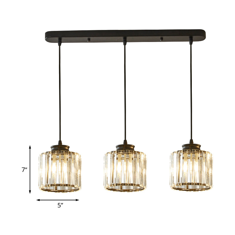 Drum Crystal Multi Light Pendant Modernist 3 Lights Black Ceiling Hang Fixture with Linear/Round Canopy Clearhalo 'Ceiling Lights' 'Close To Ceiling Lights' 'Glass shade' 'Glass' 'Modern Pendants' 'Modern' 'Pendant Lights' 'Pendants' Lighting' 512269