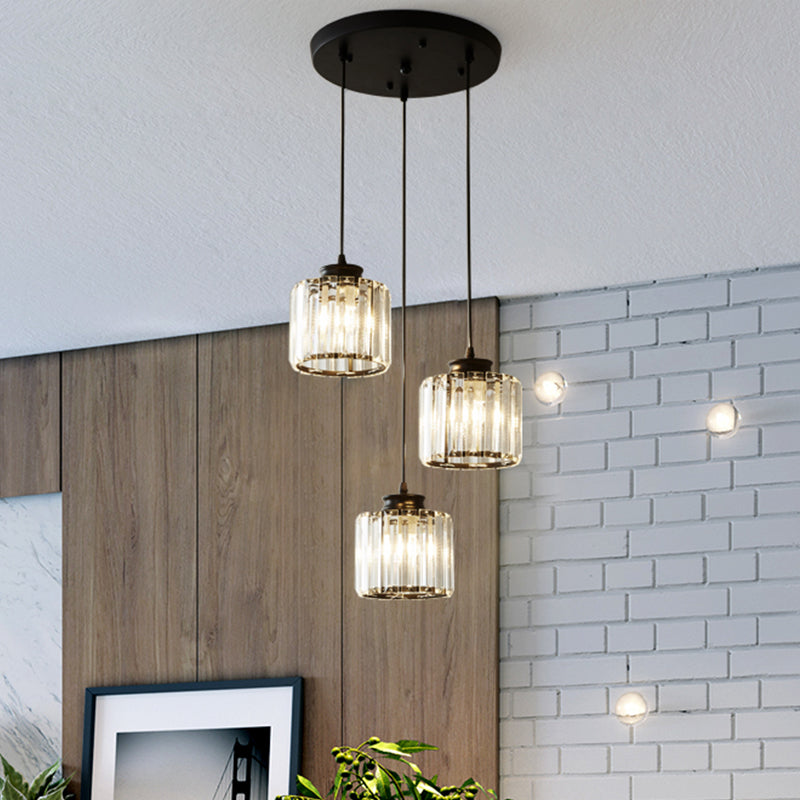 Drum Crystal Multi Light Pendant Modernist 3 Lights Black Ceiling Hang Fixture with Linear/Round Canopy Clearhalo 'Ceiling Lights' 'Close To Ceiling Lights' 'Glass shade' 'Glass' 'Modern Pendants' 'Modern' 'Pendant Lights' 'Pendants' Lighting' 512271