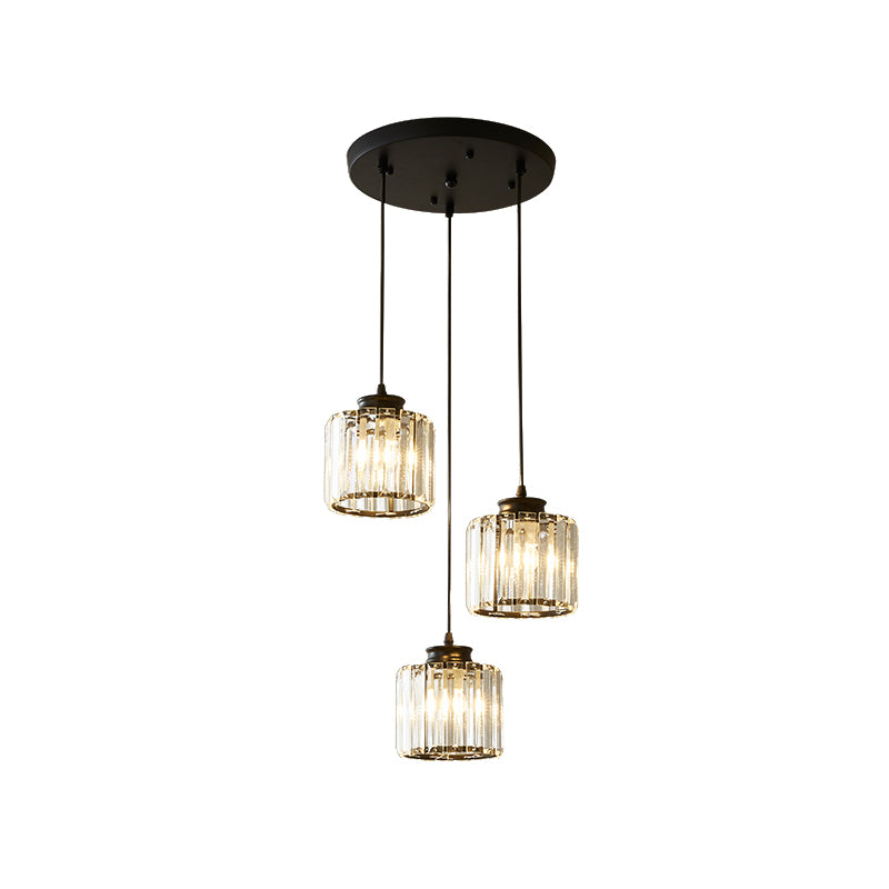Drum Crystal Multi Light Pendant Modernist 3 Lights Black Ceiling Hang Fixture with Linear/Round Canopy Clearhalo 'Ceiling Lights' 'Close To Ceiling Lights' 'Glass shade' 'Glass' 'Modern Pendants' 'Modern' 'Pendant Lights' 'Pendants' Lighting' 512272