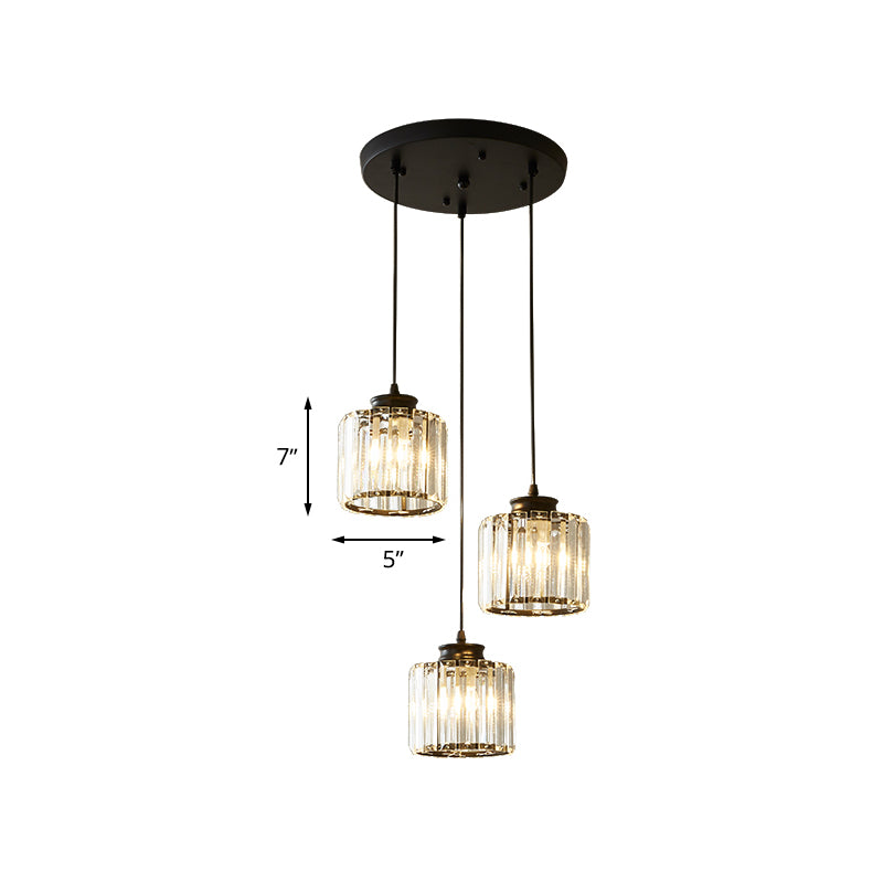 Drum Crystal Multi Light Pendant Modernist 3 Lights Black Ceiling Hang Fixture with Linear/Round Canopy Clearhalo 'Ceiling Lights' 'Close To Ceiling Lights' 'Glass shade' 'Glass' 'Modern Pendants' 'Modern' 'Pendant Lights' 'Pendants' Lighting' 512273