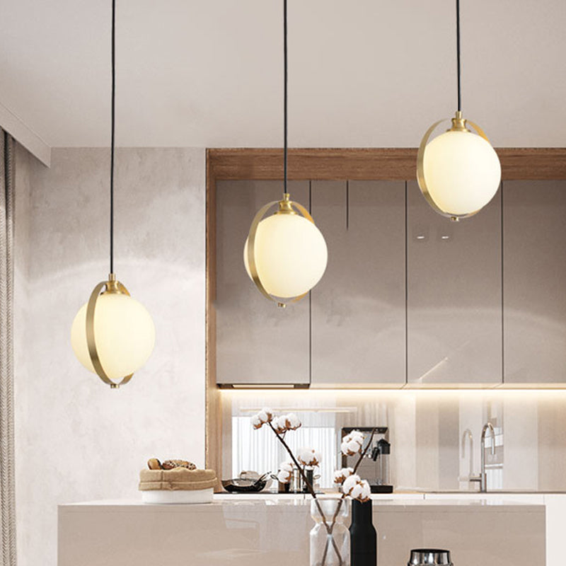 Opal Glass Ball Suspension Lighting Modern 3 Heads Cluster Pendant Lamp in Gold with Linear/Round Canopy Gold Linear Clearhalo 'Ceiling Lights' 'Glass shade' 'Glass' 'Modern Pendants' 'Modern' 'Pendant Lights' 'Pendants' Lighting' 512274