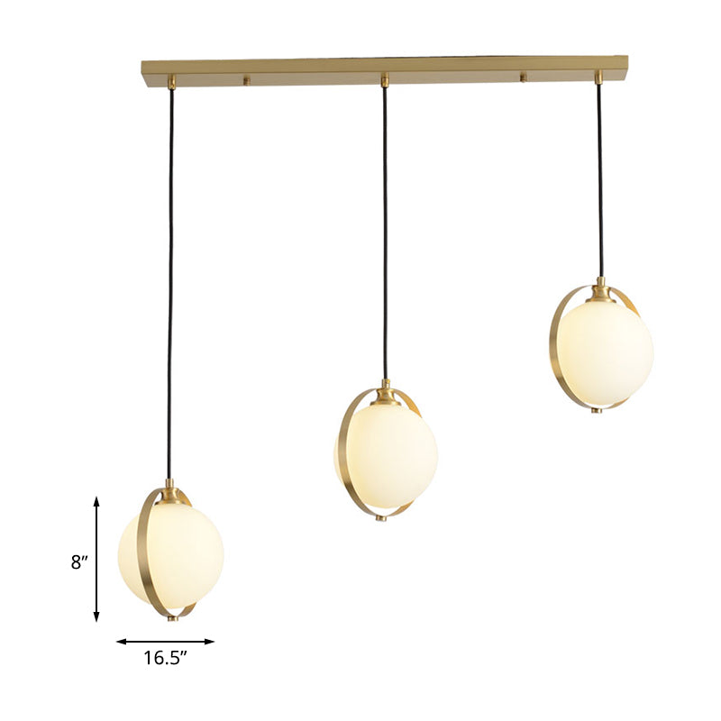 Opal Glass Ball Suspension Lighting Modern 3 Heads Cluster Pendant Lamp in Gold with Linear/Round Canopy Clearhalo 'Ceiling Lights' 'Glass shade' 'Glass' 'Modern Pendants' 'Modern' 'Pendant Lights' 'Pendants' Lighting' 512278