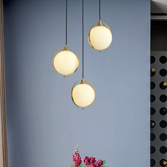 Opal Glass Ball Suspension Lighting Modern 3 Heads Cluster Pendant Lamp in Gold with Linear/Round Canopy Clearhalo 'Ceiling Lights' 'Glass shade' 'Glass' 'Modern Pendants' 'Modern' 'Pendant Lights' 'Pendants' Lighting' 512280