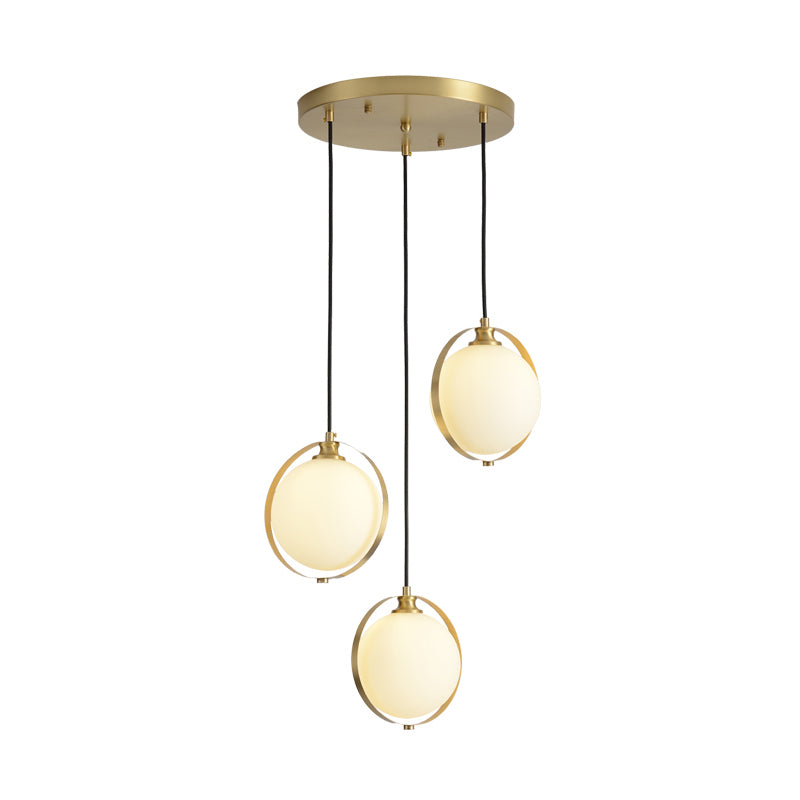Opal Glass Ball Suspension Lighting Modern 3 Heads Cluster Pendant Lamp in Gold with Linear/Round Canopy Clearhalo 'Ceiling Lights' 'Glass shade' 'Glass' 'Modern Pendants' 'Modern' 'Pendant Lights' 'Pendants' Lighting' 512281