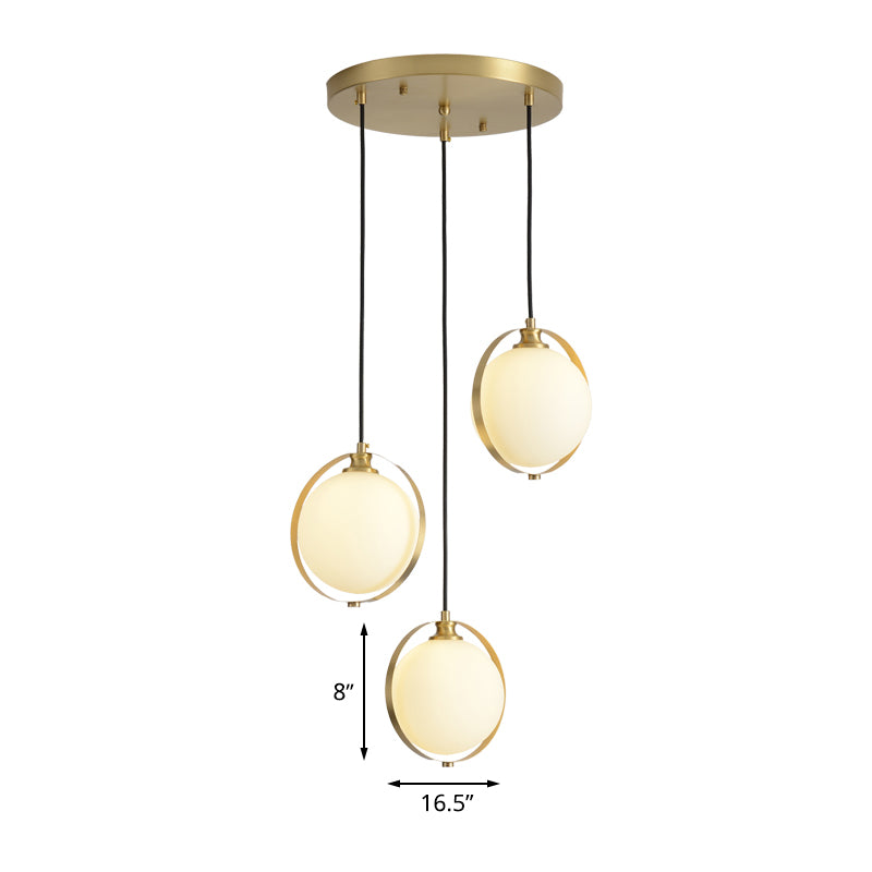 Opal Glass Ball Suspension Lighting Modern 3 Heads Cluster Pendant Lamp in Gold with Linear/Round Canopy Clearhalo 'Ceiling Lights' 'Glass shade' 'Glass' 'Modern Pendants' 'Modern' 'Pendant Lights' 'Pendants' Lighting' 512282