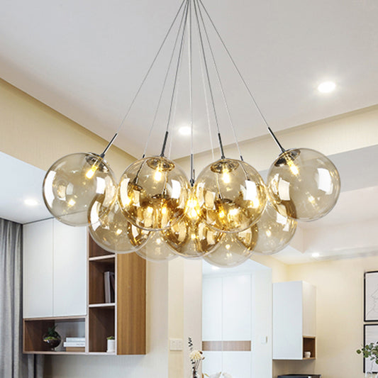 10 Lights Living Room Multi Light Pendant Modern Chrome LED Ceiling Lamp with Bubble Amber Glass Shade Clearhalo 'Ceiling Lights' 'Chandeliers' 'Glass shade' 'Glass' 'Modern Pendants' 'Modern' 'Pendant Lights' 'Pendants' Lighting' 512293