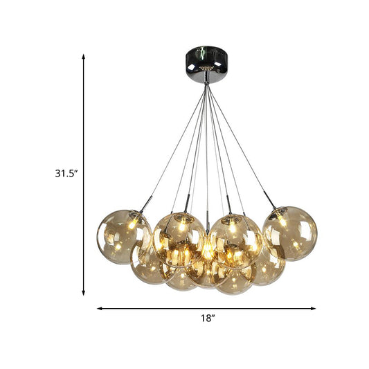 10 Lights Living Room Multi Light Pendant Modern Chrome LED Ceiling Lamp with Bubble Amber Glass Shade Clearhalo 'Ceiling Lights' 'Chandeliers' 'Glass shade' 'Glass' 'Modern Pendants' 'Modern' 'Pendant Lights' 'Pendants' Lighting' 512296