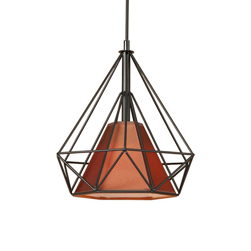 10/15/18" W 1 Bulb Diamond Cage Hanging Light Antique Style White/White and Brown Metal Ceiling Fixture with Fabric Shade Clearhalo 'Art Deco Pendants' 'Cast Iron' 'Ceiling Lights' 'Ceramic' 'Crystal' 'Industrial Pendants' 'Industrial' 'Metal' 'Middle Century Pendants' 'Pendant Lights' 'Pendants' 'Tiffany' Lighting' 5123