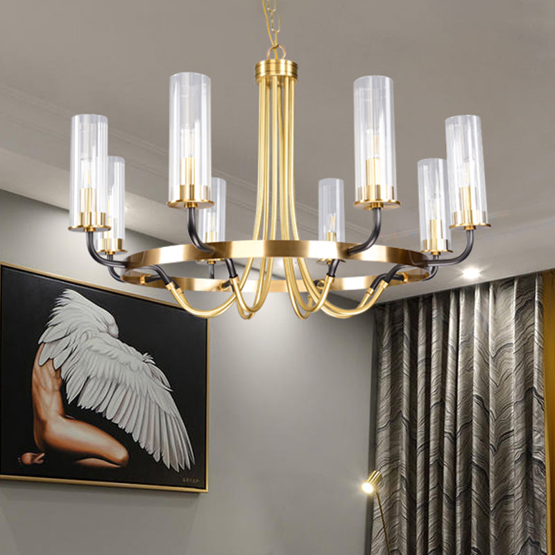 Tube Clear Glass Hanging Lighting Minimalist 8 Bulbs Gold Chandelier Pendant Lamp with Ring Design Gold Clearhalo 'Ceiling Lights' 'Chandeliers' 'Glass shade' 'Glass' 'Modern Chandeliers' 'Modern' Lighting' 512327