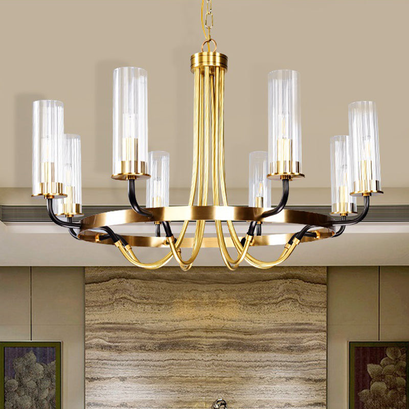 Tube Clear Glass Hanging Lighting Minimalist 8 Bulbs Gold Chandelier Pendant Lamp with Ring Design Clearhalo 'Ceiling Lights' 'Chandeliers' 'Glass shade' 'Glass' 'Modern Chandeliers' 'Modern' Lighting' 512328