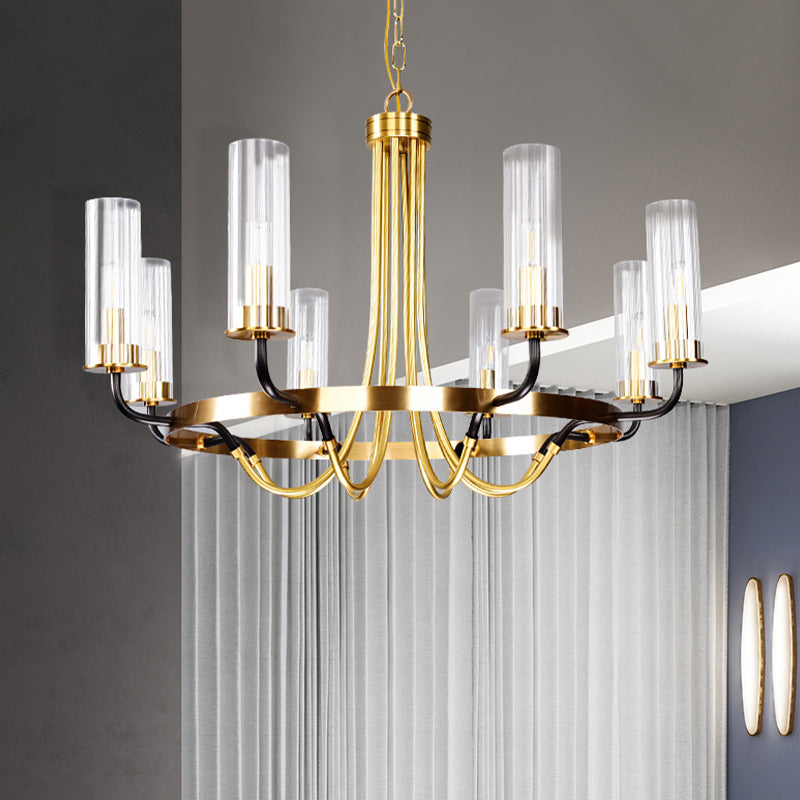 Tube Clear Glass Hanging Lighting Minimalist 8 Bulbs Gold Chandelier Pendant Lamp with Ring Design Clearhalo 'Ceiling Lights' 'Chandeliers' 'Glass shade' 'Glass' 'Modern Chandeliers' 'Modern' Lighting' 512329