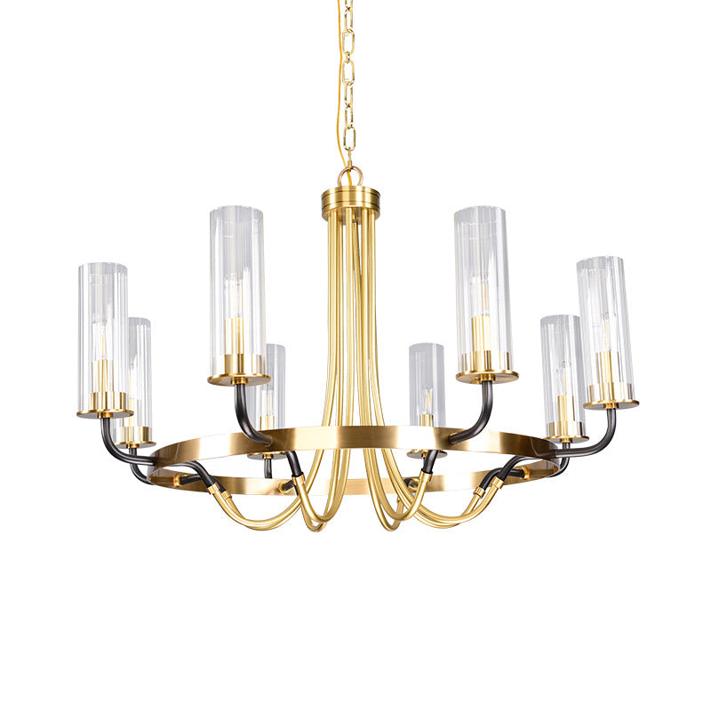Tube Clear Glass Hanging Lighting Minimalist 8 Bulbs Gold Chandelier Pendant Lamp with Ring Design Clearhalo 'Ceiling Lights' 'Chandeliers' 'Glass shade' 'Glass' 'Modern Chandeliers' 'Modern' Lighting' 512330