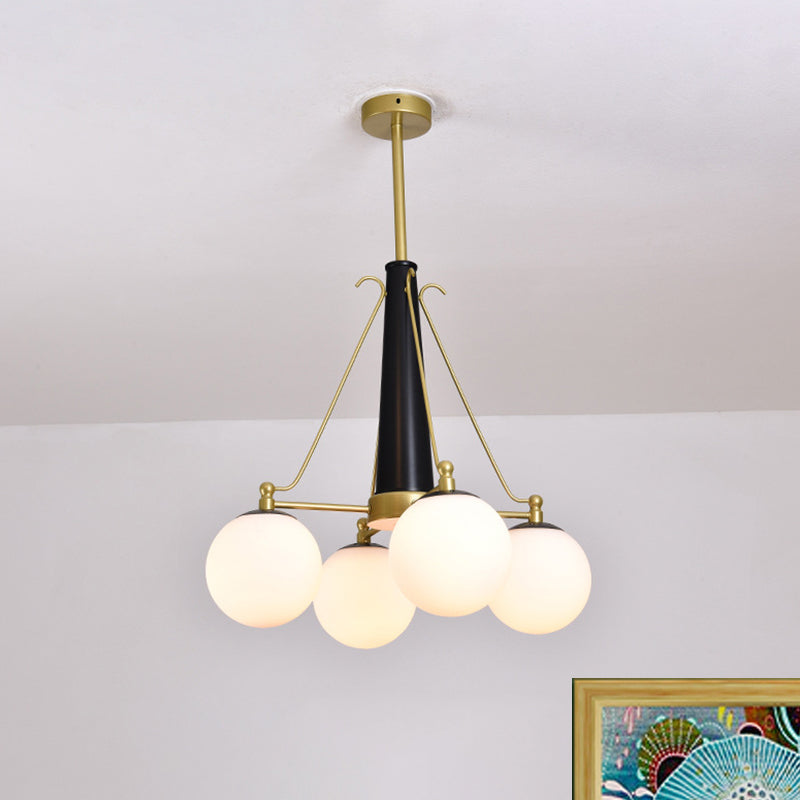 Sphere Frosted White Glass Pendant Modernism 4 Heads Brass and Black Hanging Chandelier Clearhalo 'Ceiling Lights' 'Chandeliers' 'Glass shade' 'Glass' 'Modern Chandeliers' 'Modern' Lighting' 512348