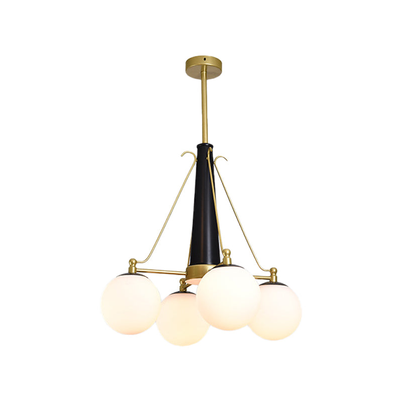 Sphere Frosted White Glass Pendant Modernism 4 Heads Brass and Black Hanging Chandelier Clearhalo 'Ceiling Lights' 'Chandeliers' 'Glass shade' 'Glass' 'Modern Chandeliers' 'Modern' Lighting' 512349