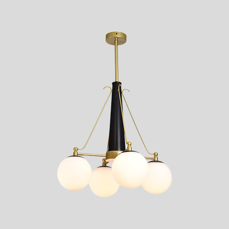 Sphere Frosted White Glass Pendant Modernism 4 Heads Brass and Black Hanging Chandelier Clearhalo 'Ceiling Lights' 'Chandeliers' 'Glass shade' 'Glass' 'Modern Chandeliers' 'Modern' Lighting' 512350