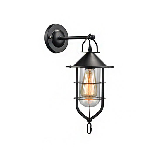 Clear Glass Black Sconce Lamp Capsule 1-Light Traditional Wall Mounted Lighting with Cage Clearhalo 'Art deco wall lights' 'Cast Iron' 'Glass' 'Industrial wall lights' 'Industrial' 'Middle century wall lights' 'Modern' 'Rustic wall lights' 'Tiffany' 'Traditional wall lights' 'Wall Lamps & Sconces' 'Wall Lights' Lighting' 512432