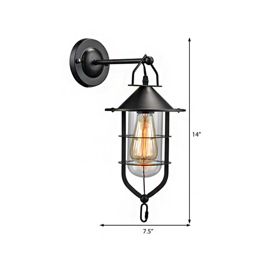 Clear Glass Black Sconce Lamp Capsule 1-Light Traditional Wall Mounted Lighting with Cage Clearhalo 'Art deco wall lights' 'Cast Iron' 'Glass' 'Industrial wall lights' 'Industrial' 'Middle century wall lights' 'Modern' 'Rustic wall lights' 'Tiffany' 'Traditional wall lights' 'Wall Lamps & Sconces' 'Wall Lights' Lighting' 512433