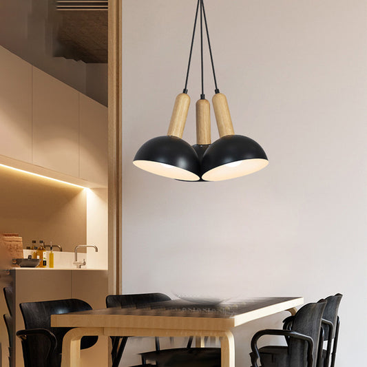 Metal Domed Hanging Chandelier Industrial 3-Light Dining Room Pendant Light with Wood Black Clearhalo 'Cast Iron' 'Ceiling Lights' 'Chandeliers' 'Industrial Chandeliers' 'Industrial' 'Metal' 'Middle Century Chandeliers' 'Rustic Chandeliers' 'Tiffany' Lighting' 512440