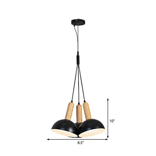 Metal Domed Hanging Chandelier Industrial 3-Light Dining Room Pendant Light with Wood Clearhalo 'Cast Iron' 'Ceiling Lights' 'Chandeliers' 'Industrial Chandeliers' 'Industrial' 'Metal' 'Middle Century Chandeliers' 'Rustic Chandeliers' 'Tiffany' Lighting' 512443
