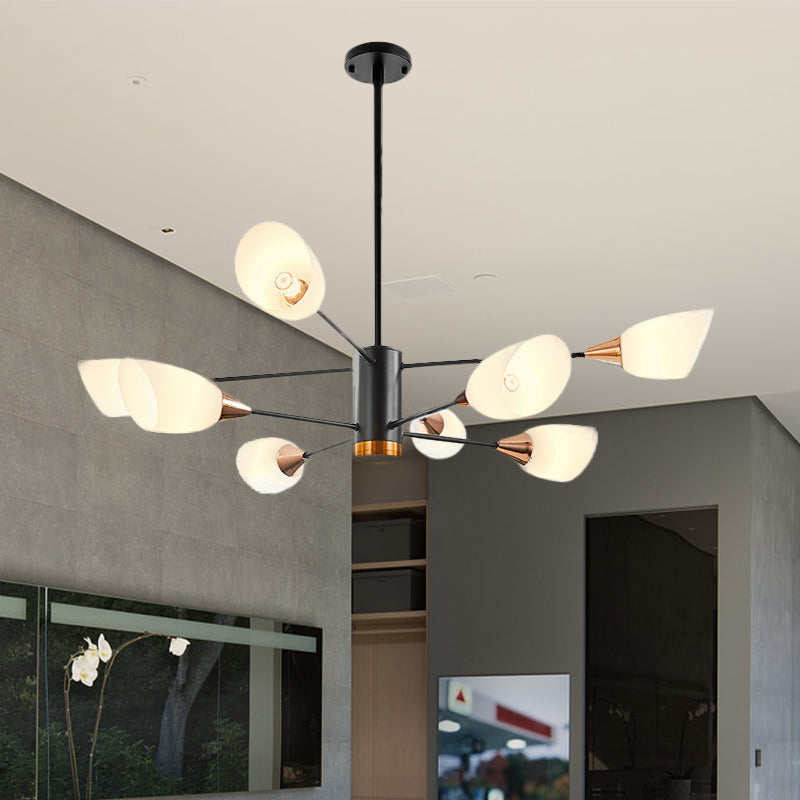 8 Heads Living Room Hanging Chandelier Modernism Black Pendant Light Fixture with Floral Milky Glass Shade Black Clearhalo 'Ceiling Lights' 'Chandeliers' 'Glass shade' 'Glass' 'Modern Chandeliers' 'Modern' Lighting' 512449