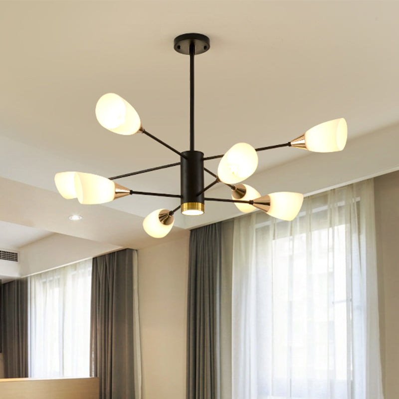 8 Heads Living Room Hanging Chandelier Modernism Black Pendant Light Fixture with Floral Milky Glass Shade Clearhalo 'Ceiling Lights' 'Chandeliers' 'Glass shade' 'Glass' 'Modern Chandeliers' 'Modern' Lighting' 512450