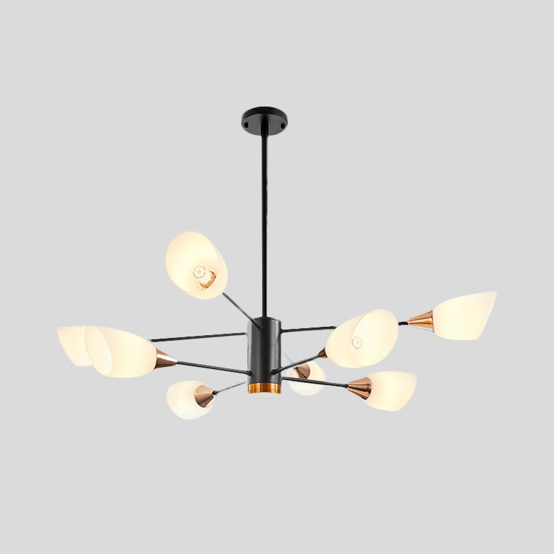 8 Heads Living Room Hanging Chandelier Modernism Black Pendant Light Fixture with Floral Milky Glass Shade Clearhalo 'Ceiling Lights' 'Chandeliers' 'Glass shade' 'Glass' 'Modern Chandeliers' 'Modern' Lighting' 512452