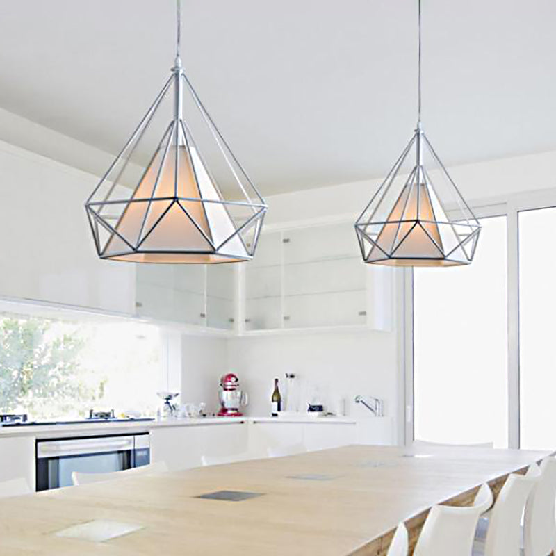 10/15/18" W 1 Bulb Diamond Cage Hanging Light Antique Style White/White and Brown Metal Ceiling Fixture with Fabric Shade Clearhalo 'Art Deco Pendants' 'Cast Iron' 'Ceiling Lights' 'Ceramic' 'Crystal' 'Industrial Pendants' 'Industrial' 'Metal' 'Middle Century Pendants' 'Pendant Lights' 'Pendants' 'Tiffany' Lighting' 5125