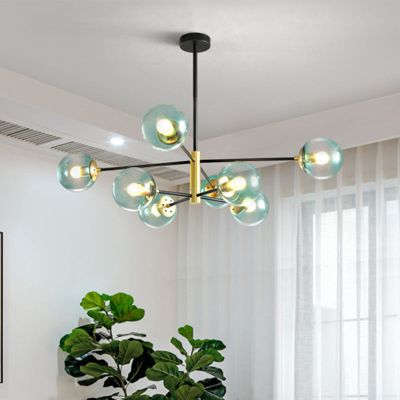 8-Light Living Room Pendant Chandelier Modernism Brass Hanging Light Fixture with Ball Blue Glass Shade Blue Clearhalo 'Ceiling Lights' 'Chandeliers' 'Glass shade' 'Glass' 'Modern Chandeliers' 'Modern' Lighting' 512548
