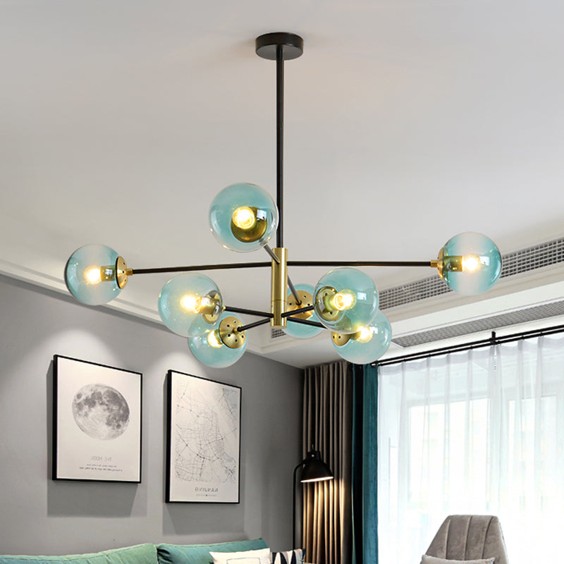 8-Light Living Room Pendant Chandelier Modernism Brass Hanging Light Fixture with Ball Blue Glass Shade Clearhalo 'Ceiling Lights' 'Chandeliers' 'Glass shade' 'Glass' 'Modern Chandeliers' 'Modern' Lighting' 512549