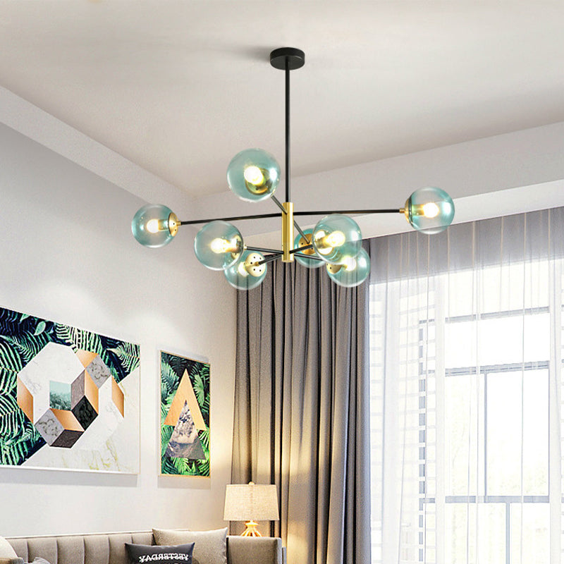 8-Light Living Room Pendant Chandelier Modernism Brass Hanging Light Fixture with Ball Blue Glass Shade Clearhalo 'Ceiling Lights' 'Chandeliers' 'Glass shade' 'Glass' 'Modern Chandeliers' 'Modern' Lighting' 512550