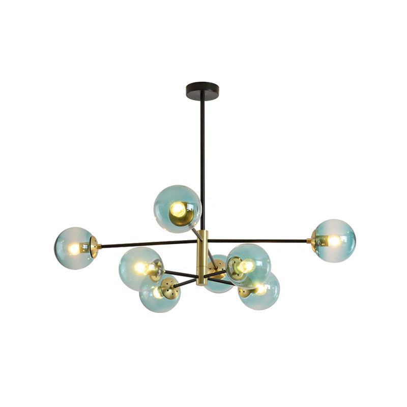 8-Light Living Room Pendant Chandelier Modernism Brass Hanging Light Fixture with Ball Blue Glass Shade Clearhalo 'Ceiling Lights' 'Chandeliers' 'Glass shade' 'Glass' 'Modern Chandeliers' 'Modern' Lighting' 512551