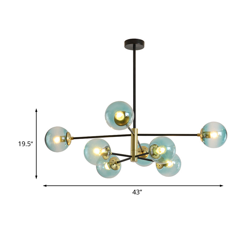 8-Light Living Room Pendant Chandelier Modernism Brass Hanging Light Fixture with Ball Blue Glass Shade Clearhalo 'Ceiling Lights' 'Chandeliers' 'Glass shade' 'Glass' 'Modern Chandeliers' 'Modern' Lighting' 512552
