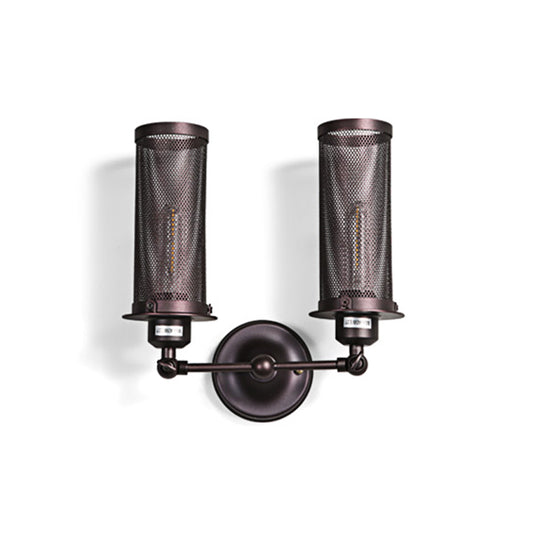 Black Cylinder Wall Lighting Industrial Metal 2-Light Bedroom Sconce Lamp with Cage and Round Backplate Clearhalo 'Art deco wall lights' 'Cast Iron' 'Glass' 'Industrial wall lights' 'Industrial' 'Middle century wall lights' 'Modern' 'Rustic wall lights' 'Tiffany' 'Traditional wall lights' 'Wall Lamps & Sconces' 'Wall Lights' Lighting' 512598