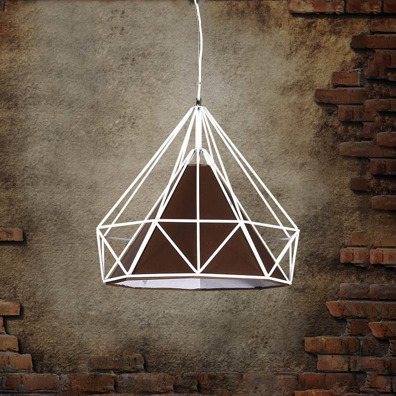 10/15/18" W 1 Bulb Diamond Cage Hanging Light Antique Style White/White and Brown Metal Ceiling Fixture with Fabric Shade White-Brown Clearhalo 'Art Deco Pendants' 'Cast Iron' 'Ceiling Lights' 'Ceramic' 'Crystal' 'Industrial Pendants' 'Industrial' 'Metal' 'Middle Century Pendants' 'Pendant Lights' 'Pendants' 'Tiffany' Lighting' 5126