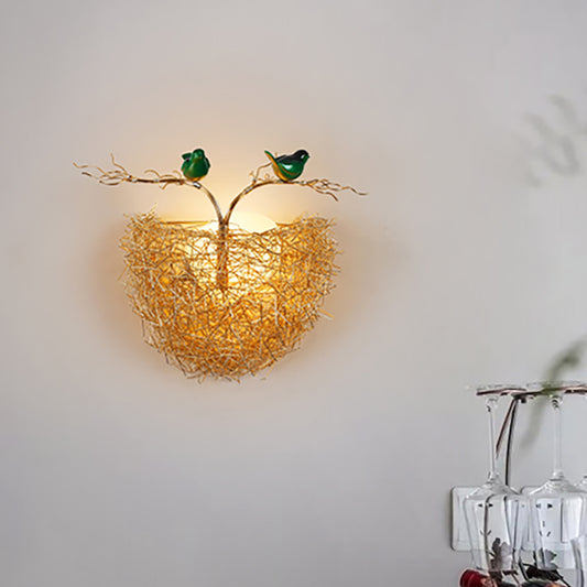 Opal Glass Globe Wall Sconce Light with Bird Nest Design Postmodern 1 Light Gold Wall Lamp, 14"/15" Wide Yellow Clearhalo 'Cast Iron' 'Glass' 'Industrial' 'Modern wall lights' 'Modern' 'Tiffany' 'Traditional wall lights' 'Wall Lamps & Sconces' 'Wall Lights' Lighting' 512684
