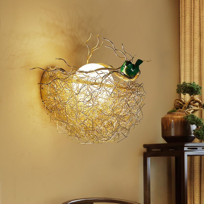Opal Glass Globe Wall Sconce Light with Bird Nest Design Postmodern 1 Light Gold Wall Lamp, 14"/15" Wide Clearhalo 'Cast Iron' 'Glass' 'Industrial' 'Modern wall lights' 'Modern' 'Tiffany' 'Traditional wall lights' 'Wall Lamps & Sconces' 'Wall Lights' Lighting' 512685
